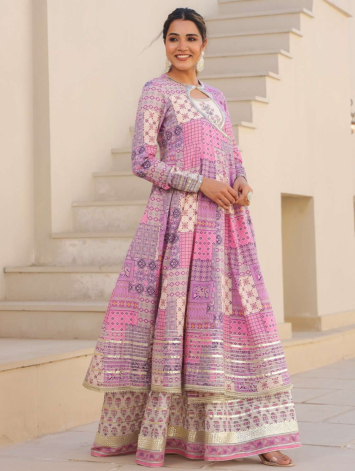 women printed long sleeve anarkali ethnic gown - 22071187 - Standard Image - 1
