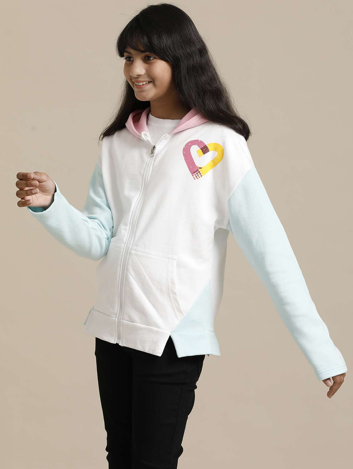 girls color blocked long sleeve hooded regular jacket - 22071205 -  Standard Image - 1