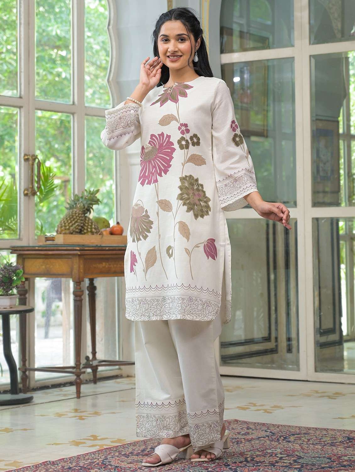 women floral three quarter sleeve kurta pant set - 22071207 -  Standard Image - 1