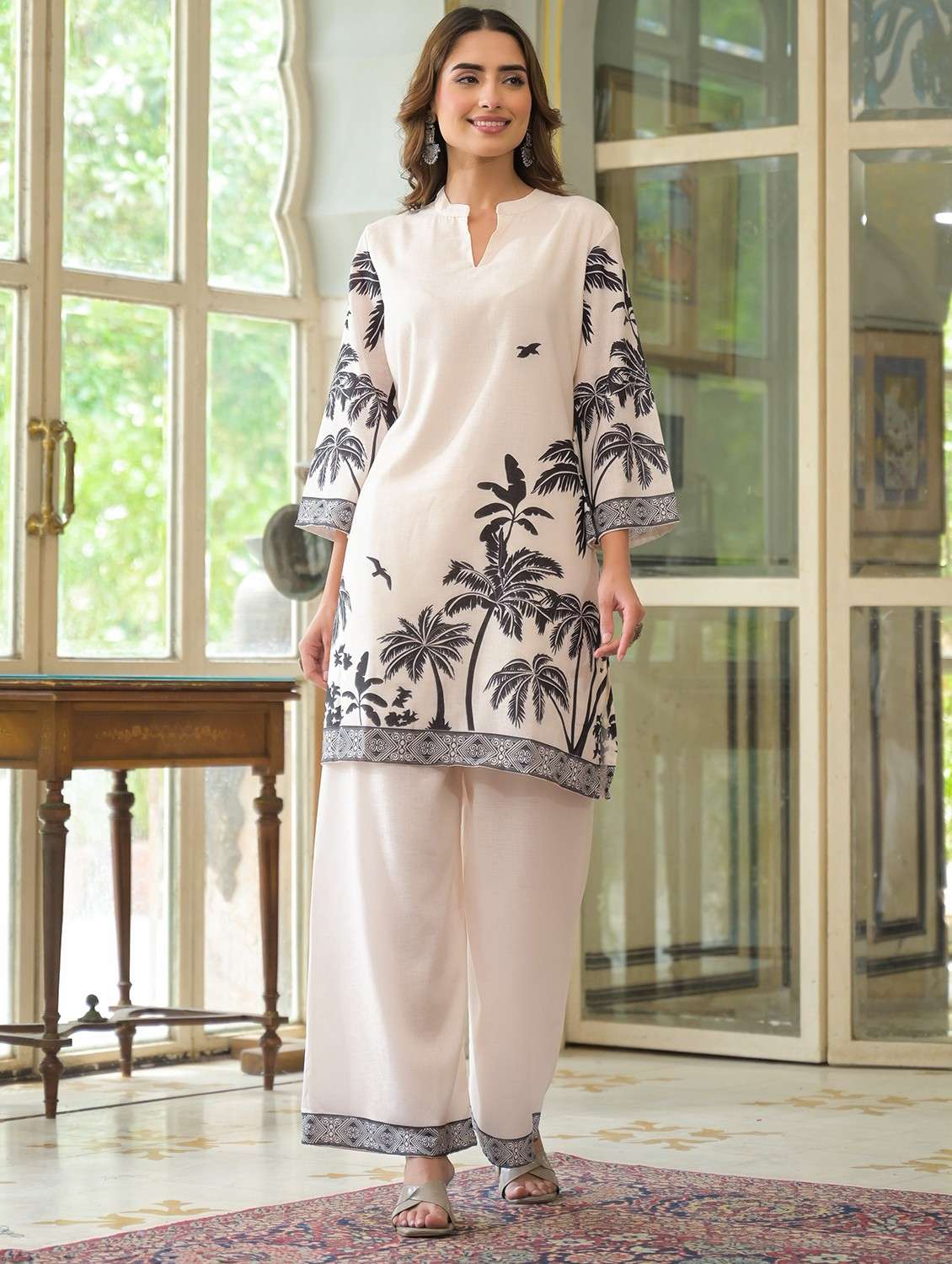 women printed three quarter sleeve ethnic co-ord set