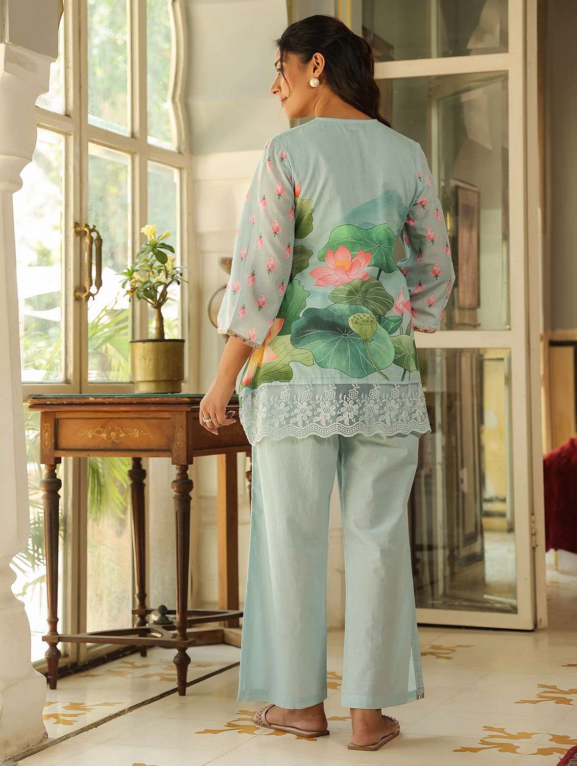 women printed three quarter sleeve ethnic co-ord set - 22071210 -  Standard Image - 1