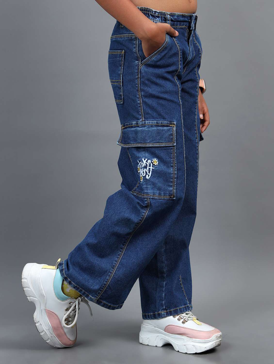 girls solid mid rise relaxed fit cargo - 22071255 - Standard Image - 1
