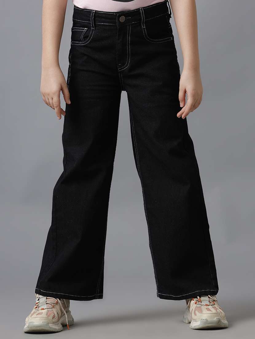 girls solid mid rise wide leg jeans