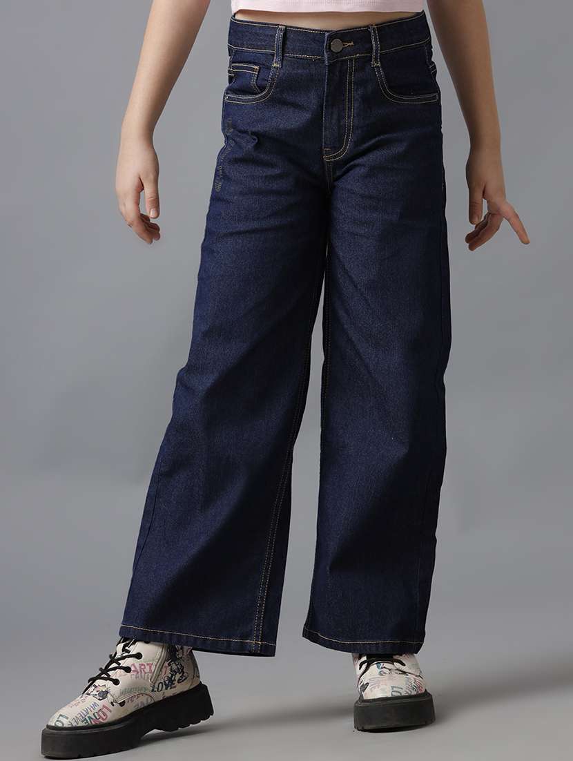 girls solid mid rise wide leg jeans