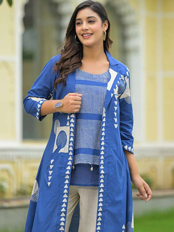women printed three quarter sleeve fusion set - 22071297 - Standard Image - 1