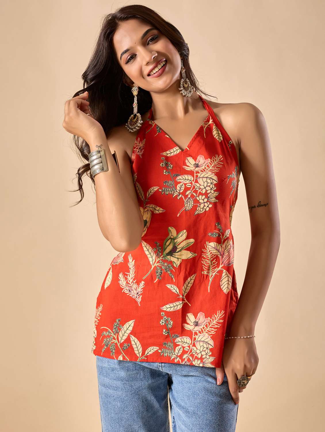 women floral printed halter neck ethnic top