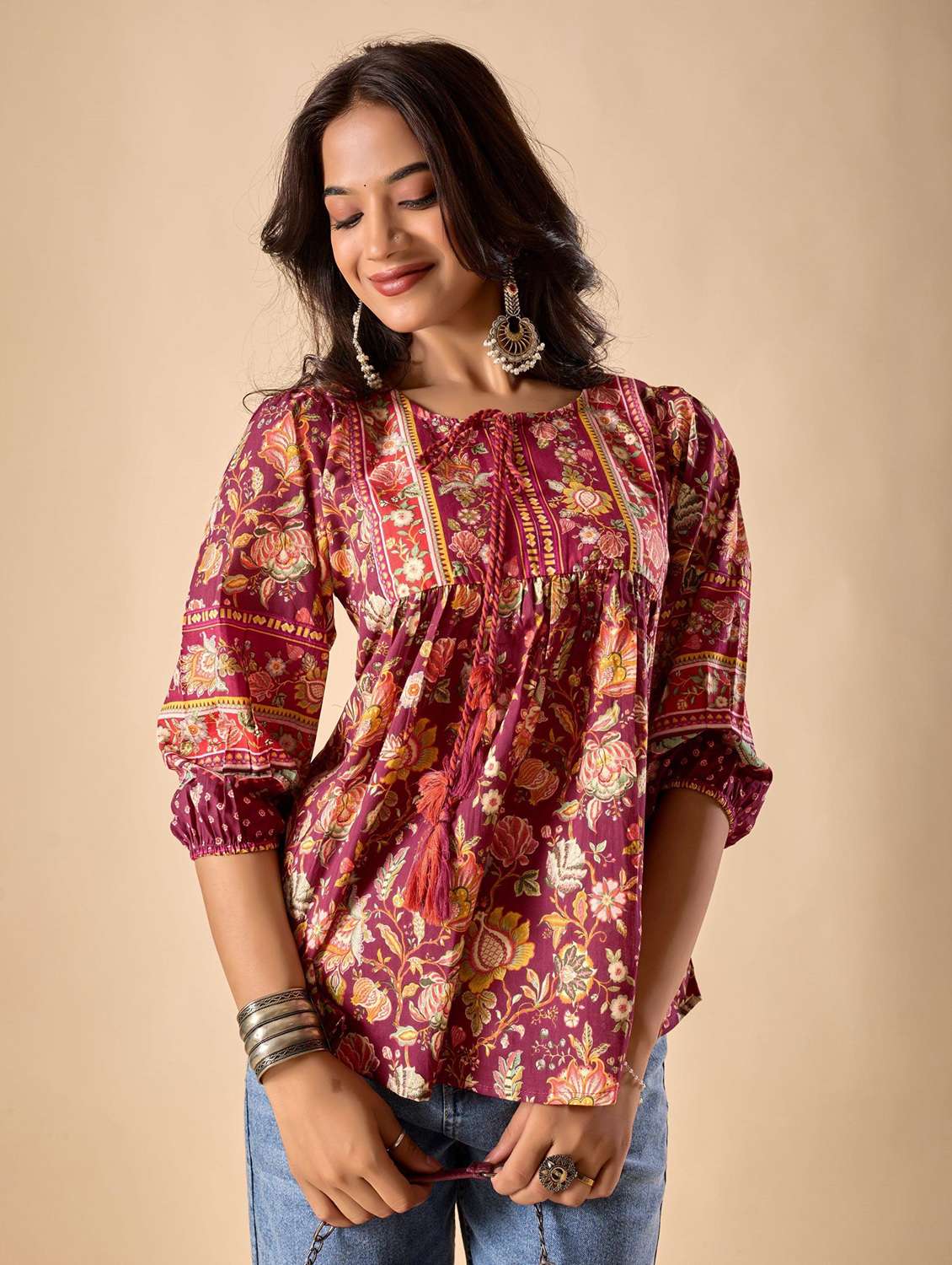 women floral printed three quarter sleeve ethnic top - 22071331 -  Standard Image - 1