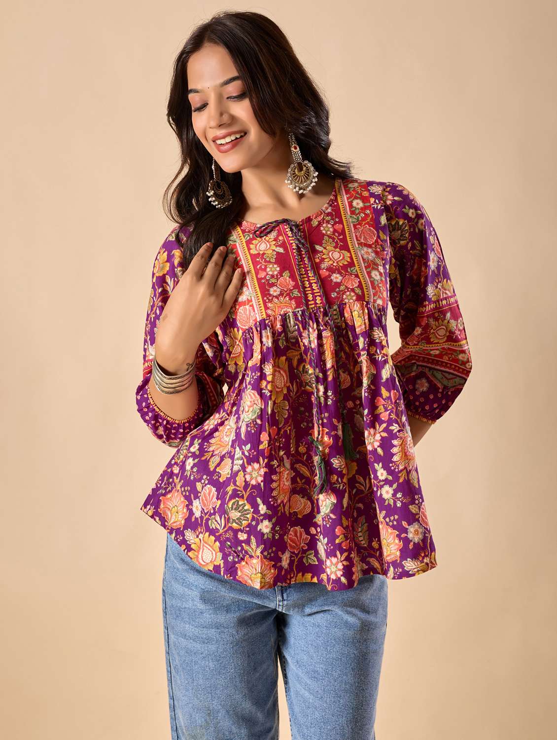 women floral printed three quarter sleeve ethnic top - 22071332 -  Standard Image - 1