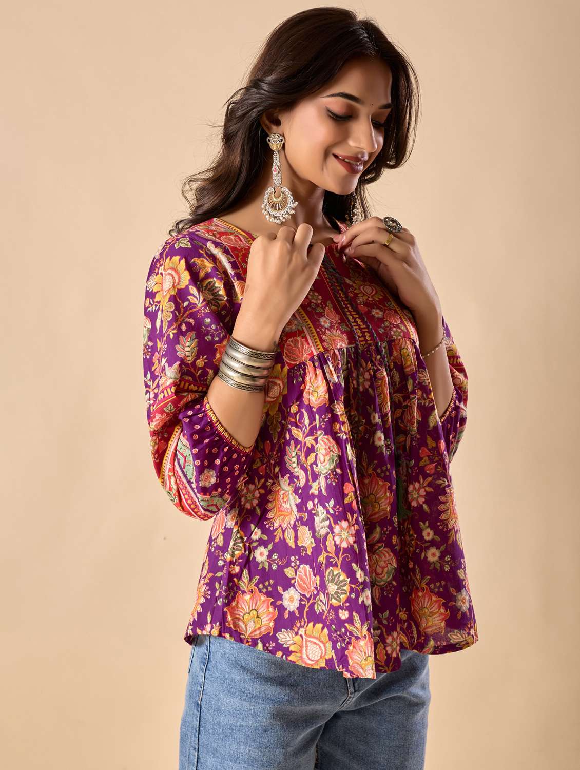 women floral printed three quarter sleeve ethnic top - 22071332 -  Standard Image - 4