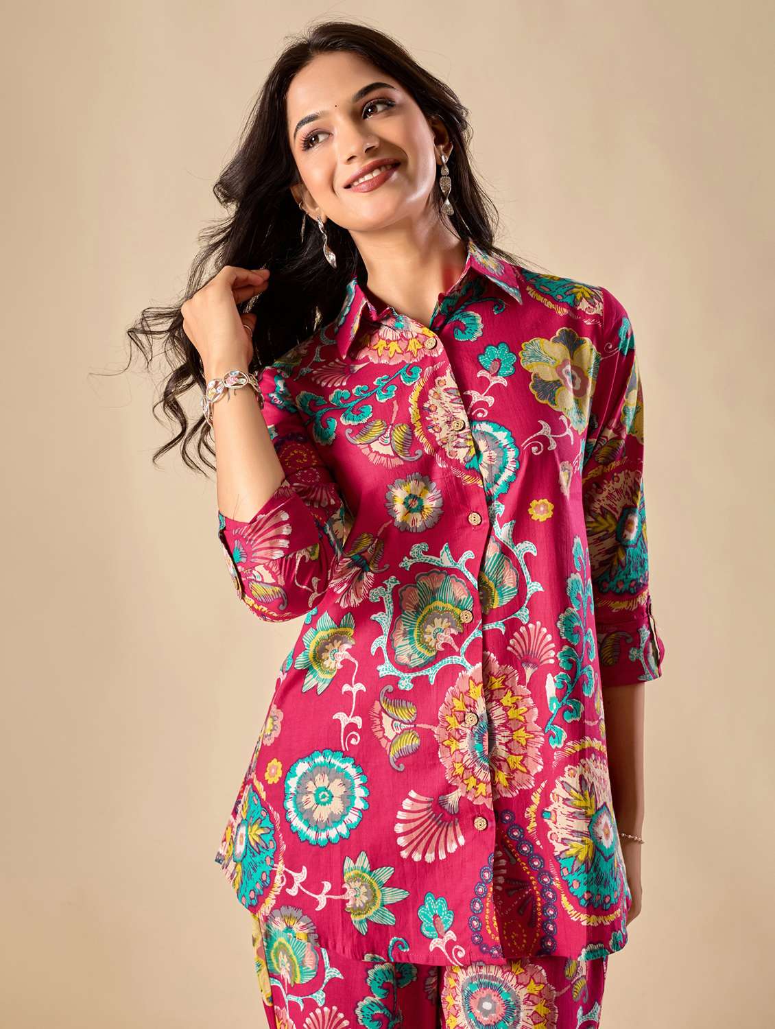 women floral three quarter sleeve ethnic co-ord set - 22071336 - Standard Image - 1
