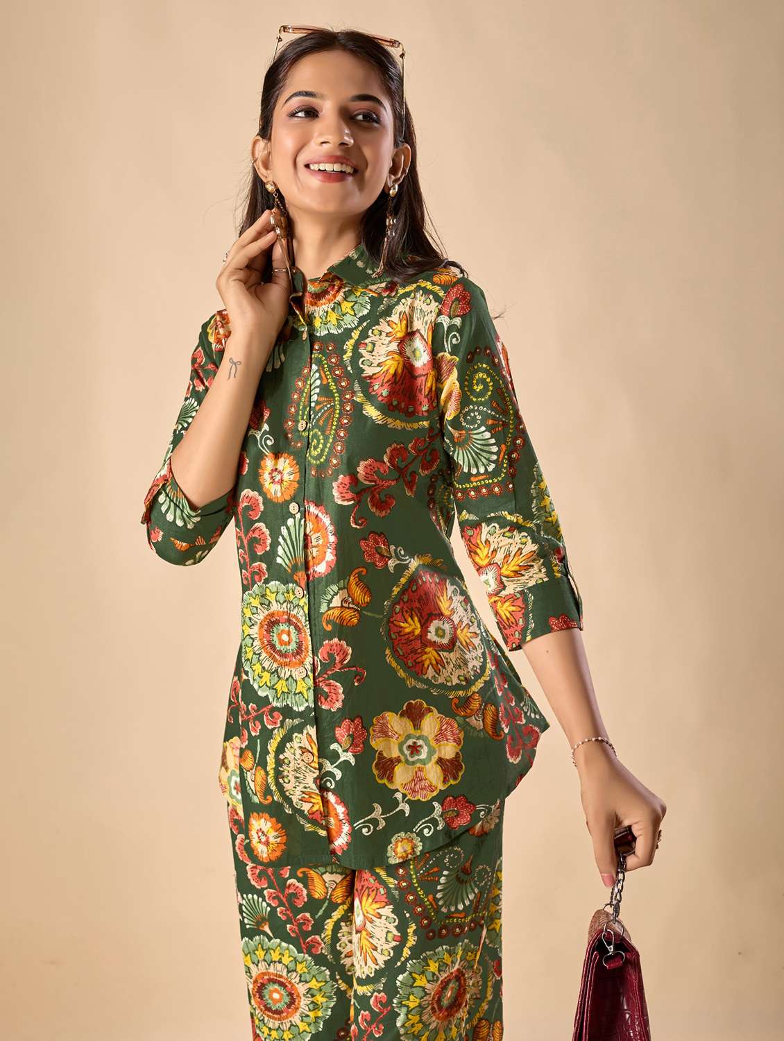 women floral three quarter sleeve ethnic co-ord set - 22071337 -  Standard Image - 1