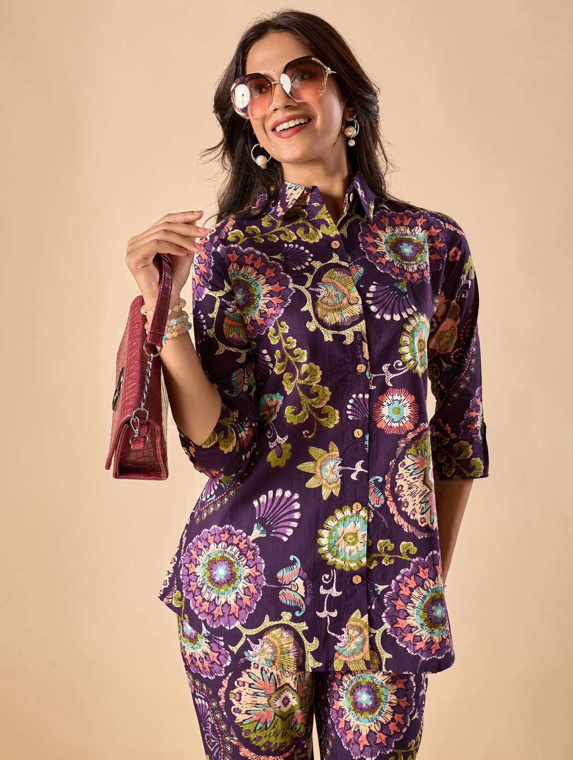 women floral three quarter sleeve ethnic co-ord set - 22071338 -  Standard Image - 1