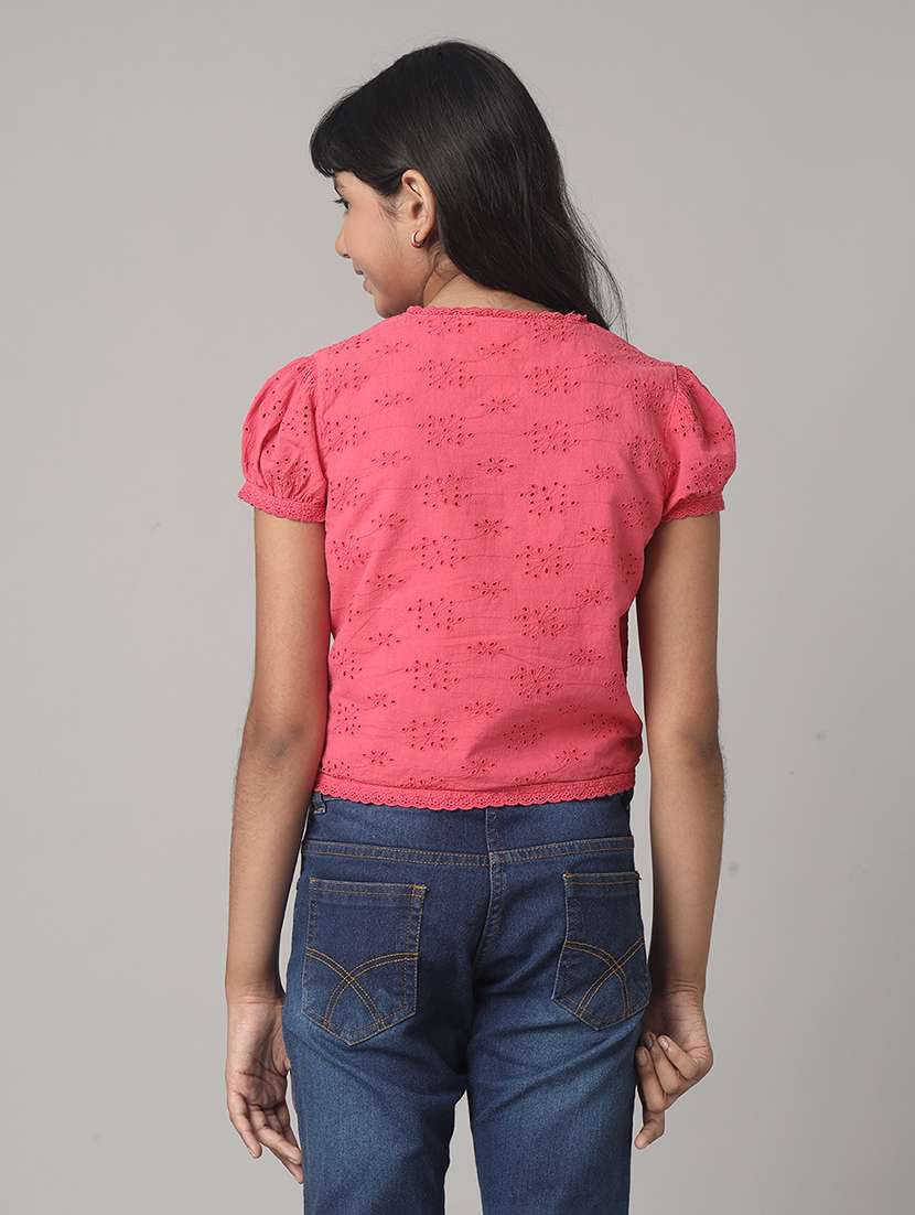 girls solid puff sleeve schiffli top - 22071455 -  Standard Image - 1