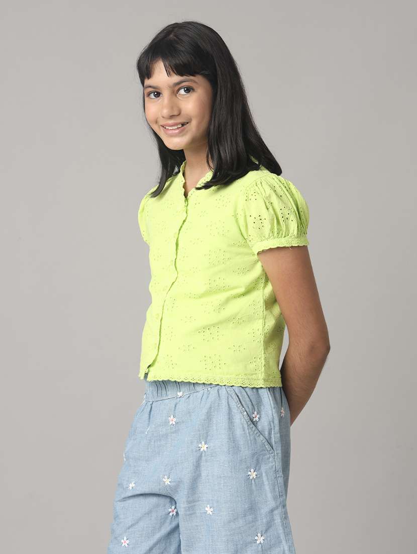 girls solid puff sleeve schiffli top - 22071456 -  Standard Image - 1