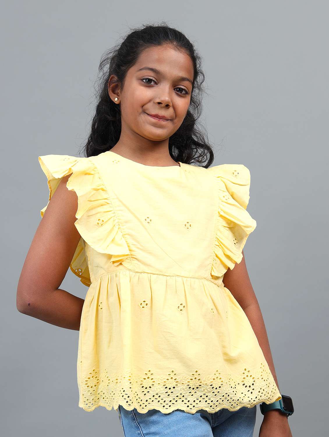 girls solid round neck schiffli top - 22071465 - Standard Image - 1