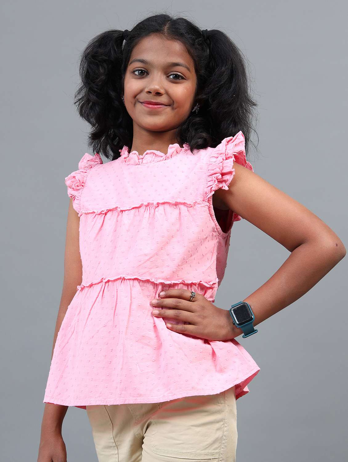 girls self designed round neck schiffli top - 22071466 -  Standard Image - 1