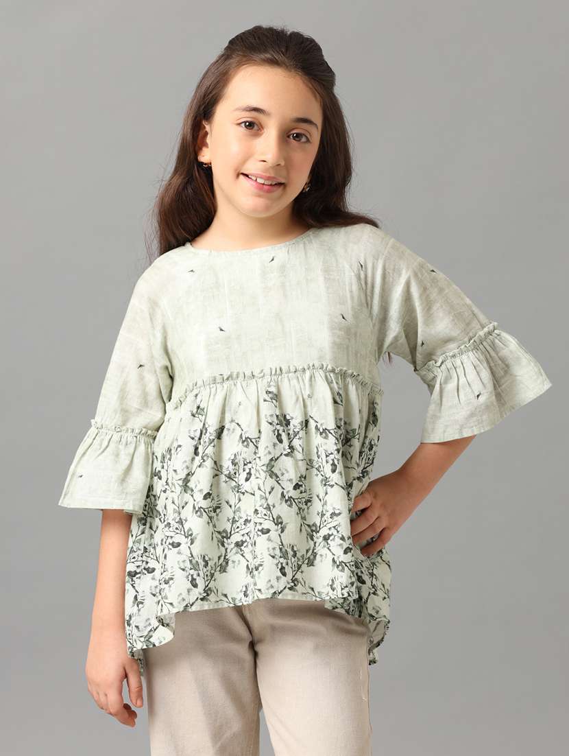girls printed round neck bell sleeve op