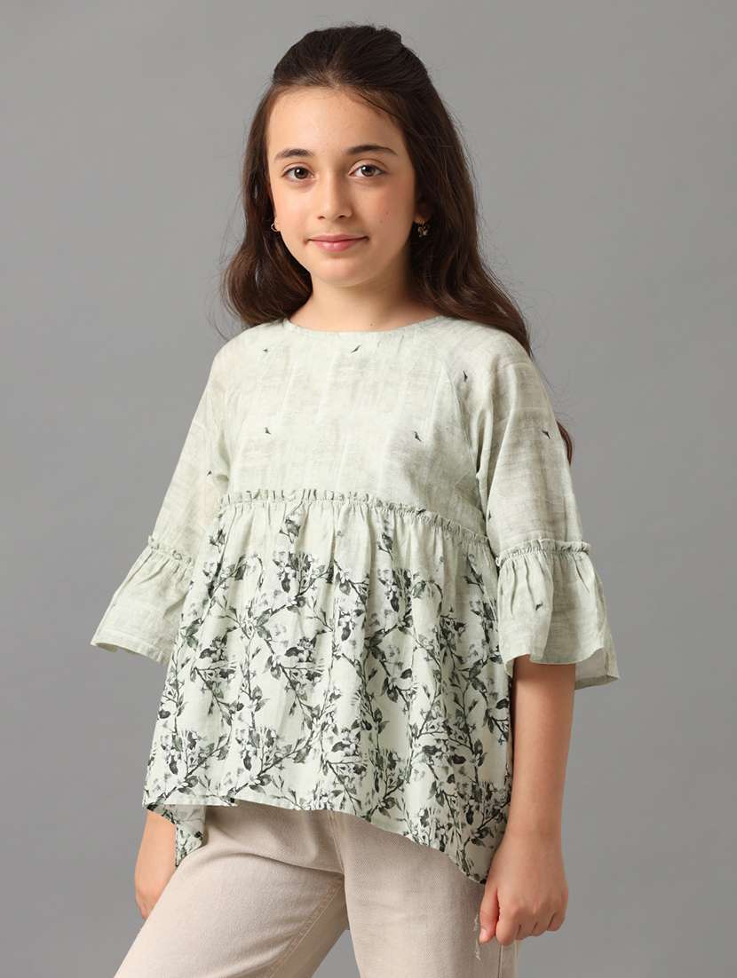 girls printed round neck bell sleeve op - 22071473 -  Standard Image - 1