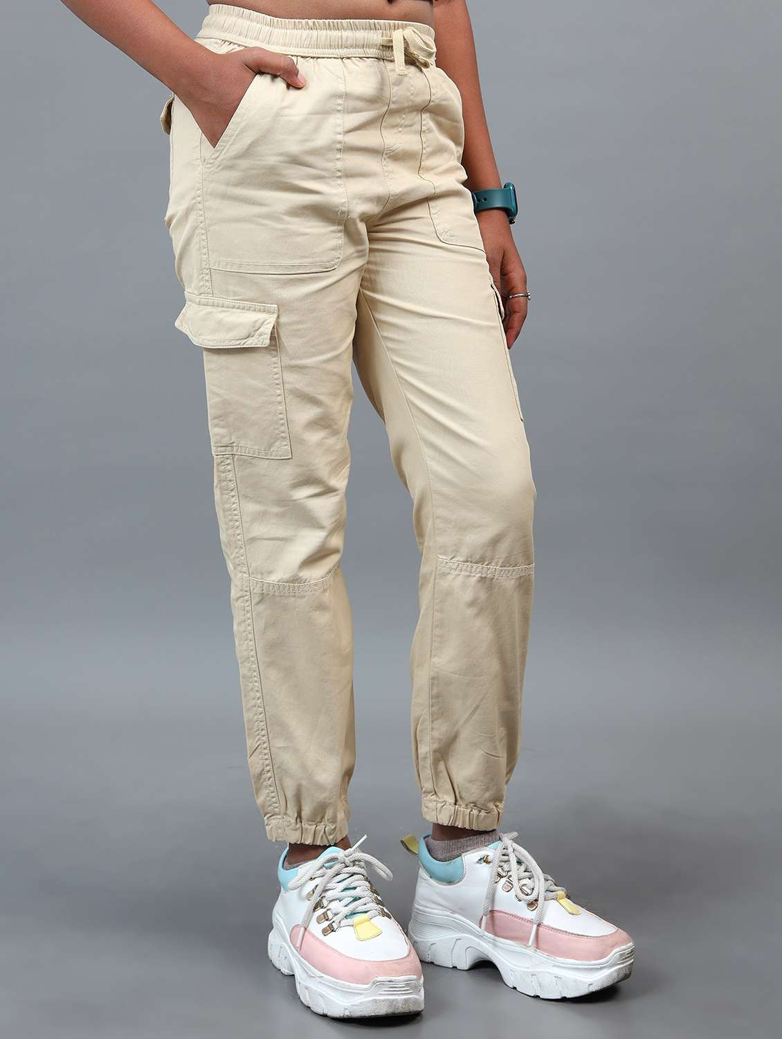 girls solid mid rise regular fit cargo - 22071494 - Standard Image - 1