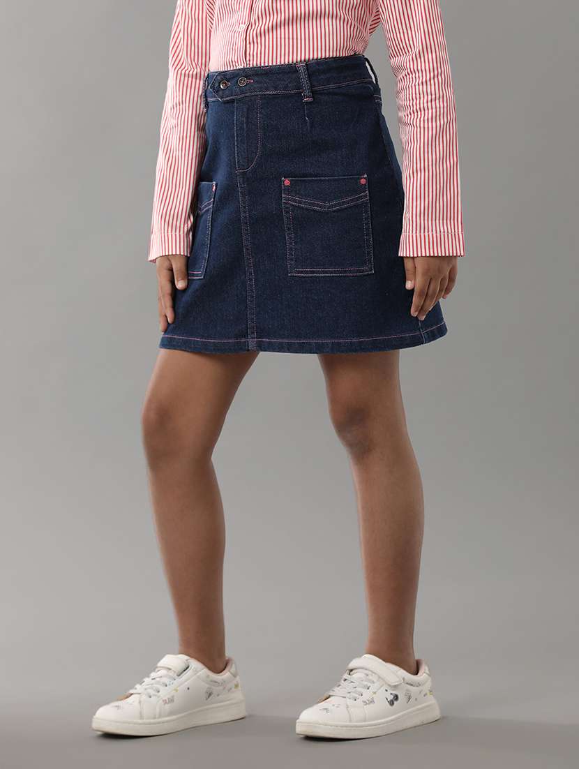girls solid mid rise denim skirt - 22071524 -  Standard Image - 1