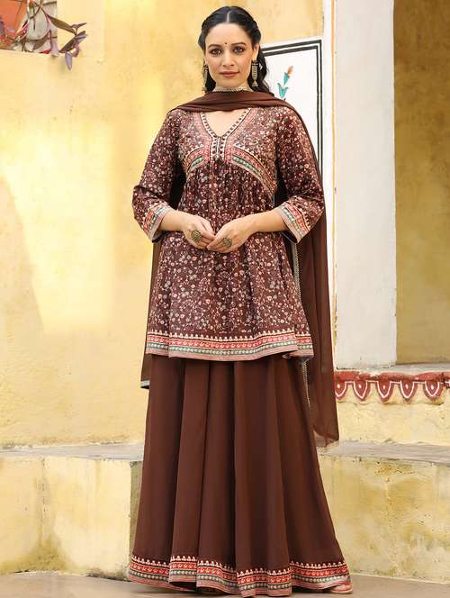 women printed three quarter sleeve kurta sharara with dupatta set - 22071532 -  Standard Image - 0