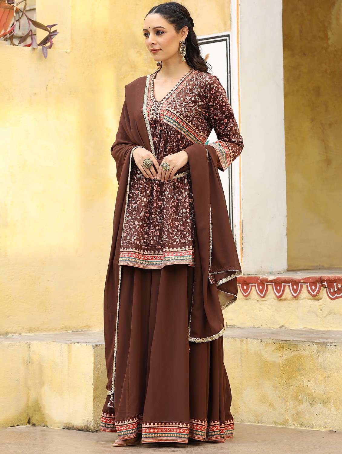women printed three quarter sleeve kurta sharara with dupatta set - 22071532 - Standard Image - 1