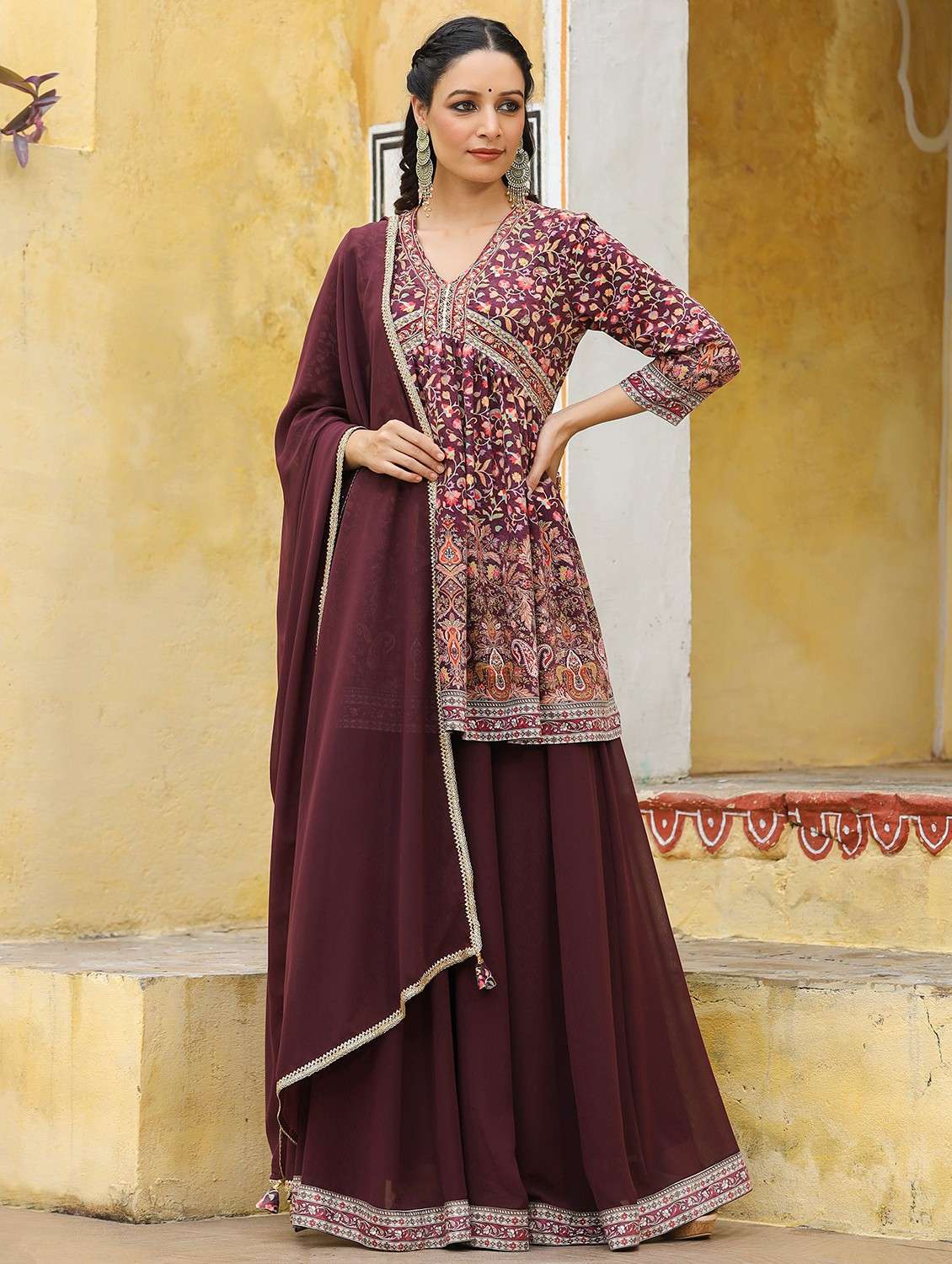 women printed three quarter sleeve kurta sharara with dupatta set