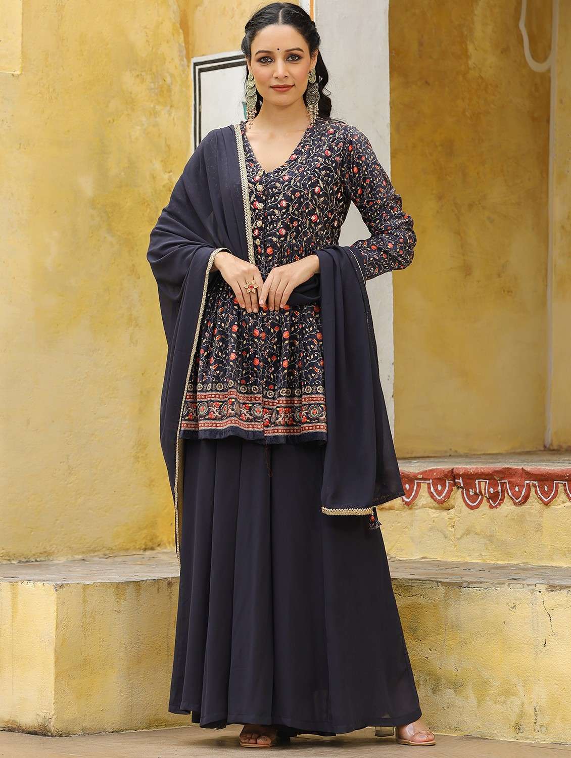 women printed three quarter sleeve kurta sharara with dupatta set