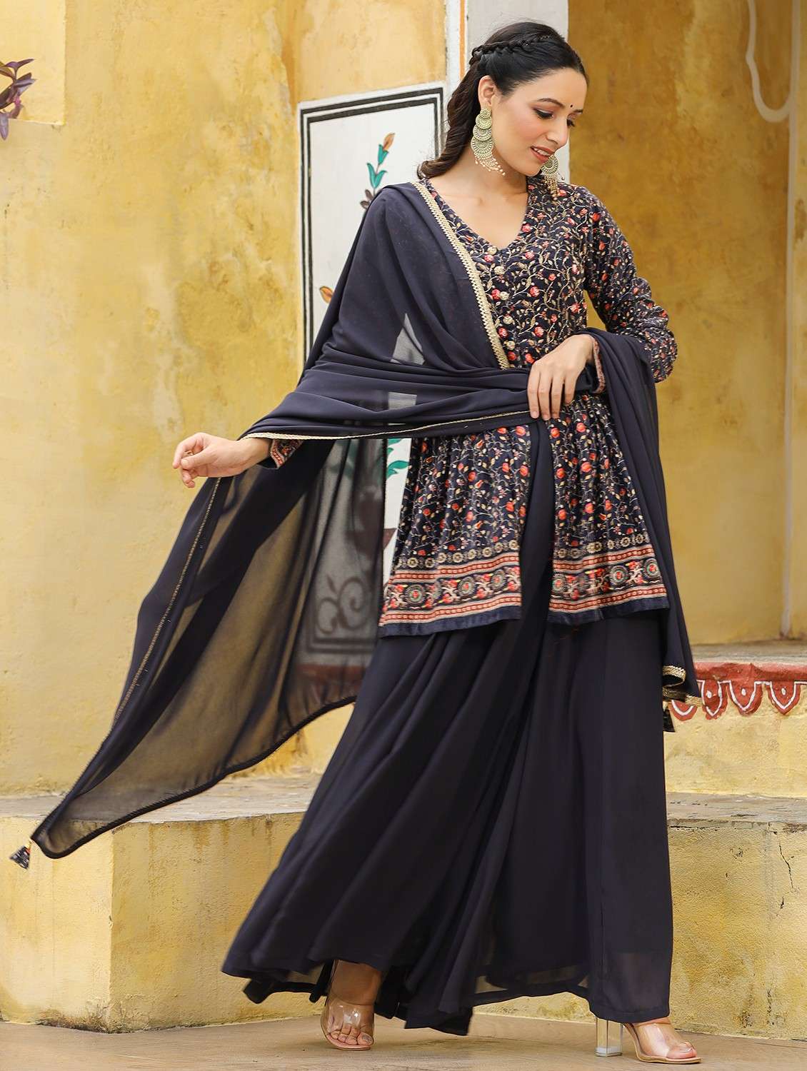 women printed three quarter sleeve kurta sharara with dupatta set - 22071534 - Standard Image - 1
