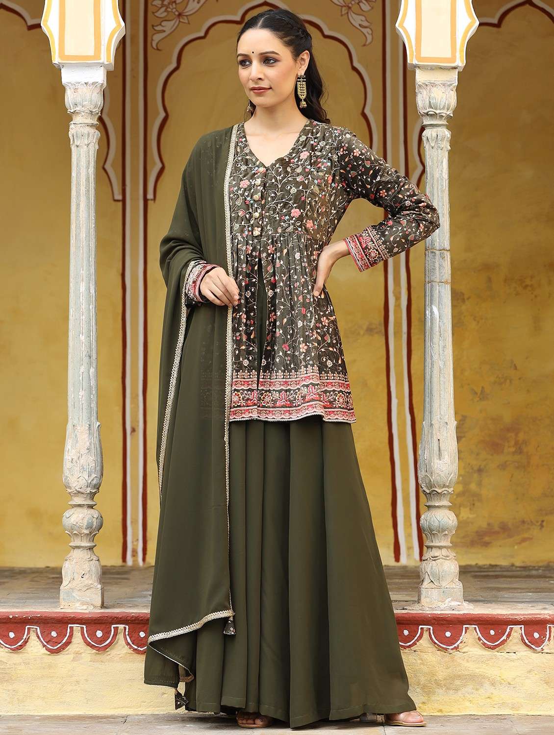 women printed long sleeve kurta sharara with dupatta set