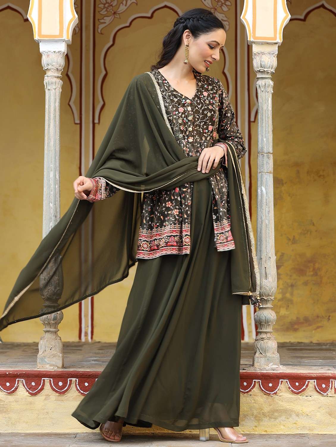 women printed long sleeve kurta sharara with dupatta set - 22071535 -  Standard Image - 1