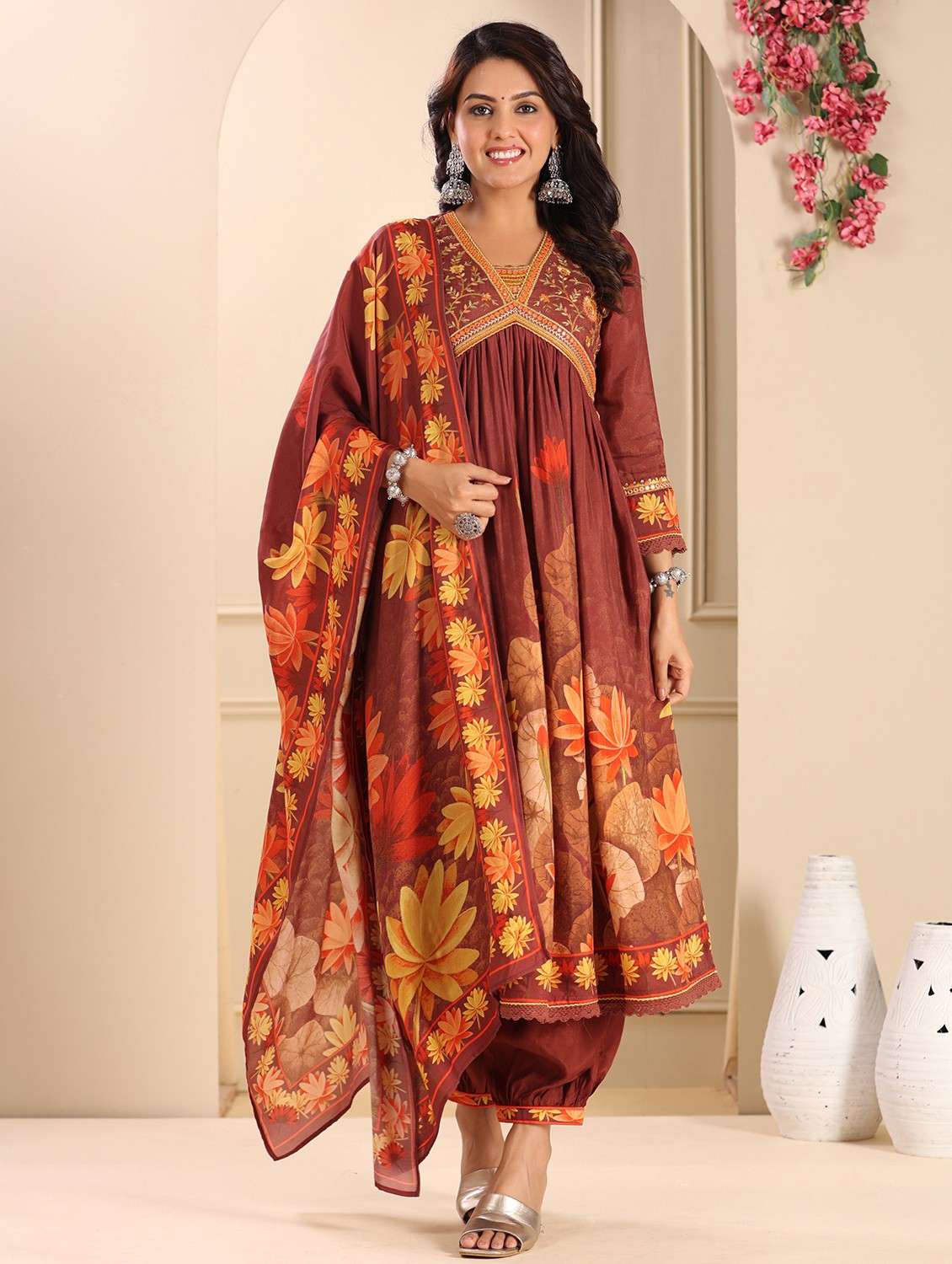women printed three quarter sleeve kurta pant with dupatta set