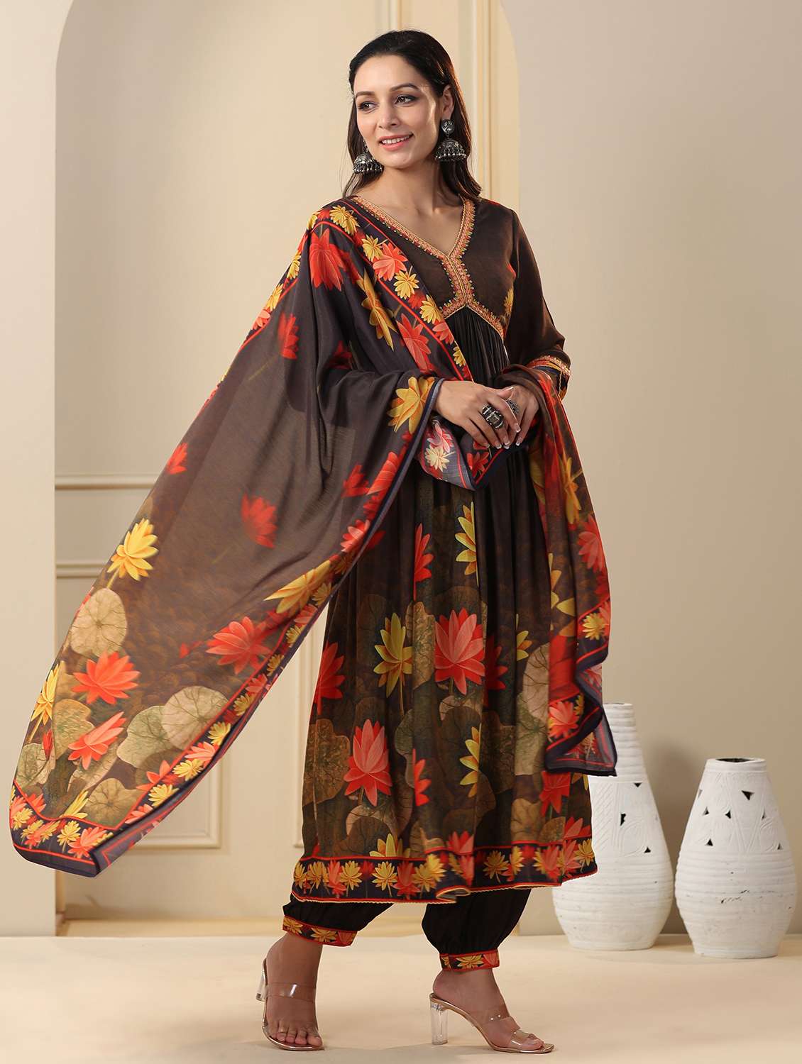 women printed three quarter sleeve kurta pant with dupatta set - 22071540 - Standard Image - 1