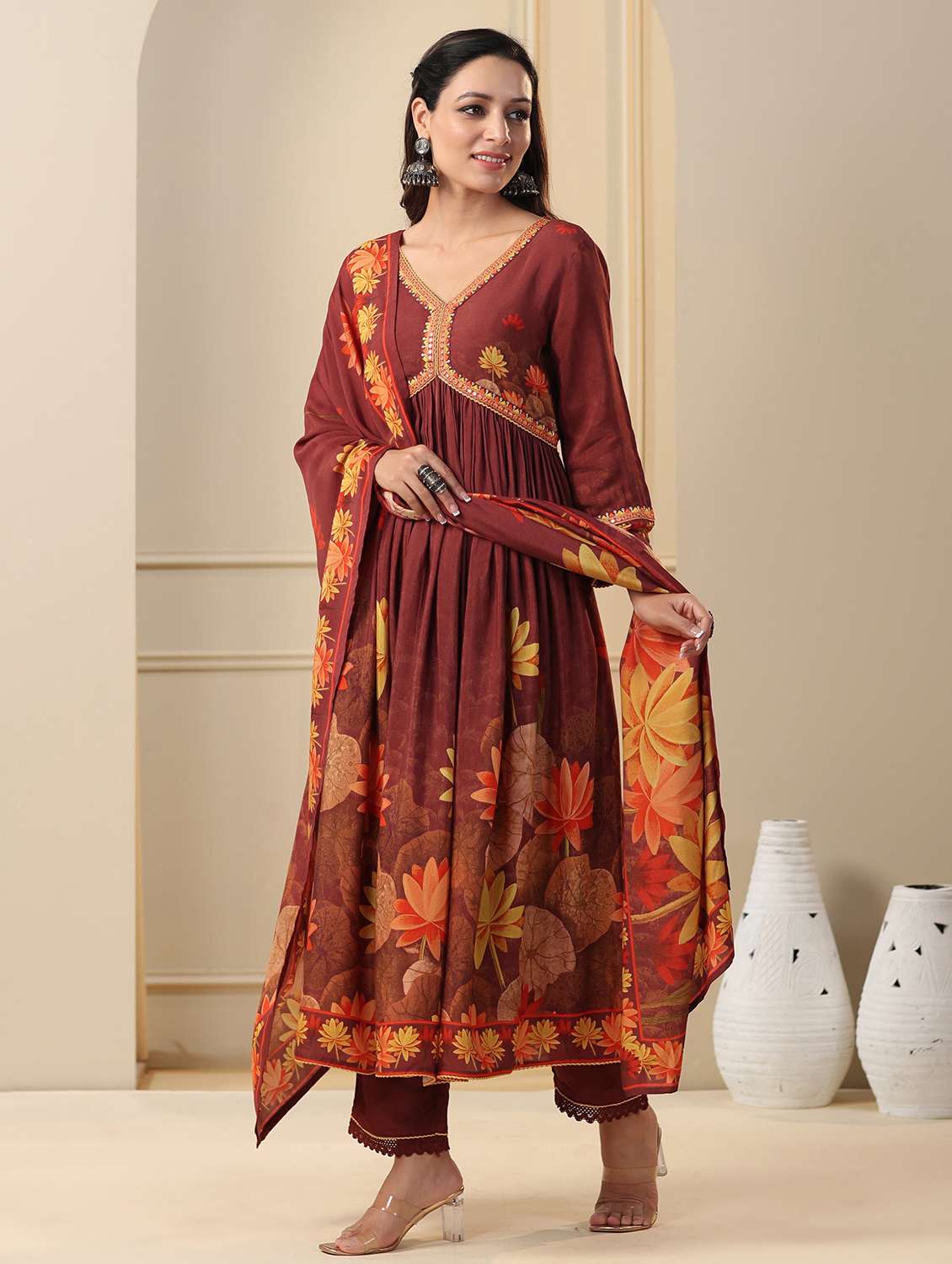 women printed three quarter sleeve kurta pant with dupatta set - 22071541 - Standard Image - 1