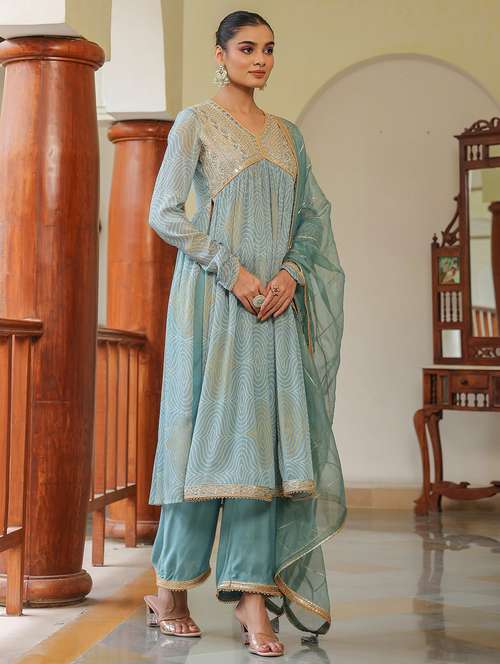 blue chiffon kurta pant  set - 22071543 -  Standard Image - 0
