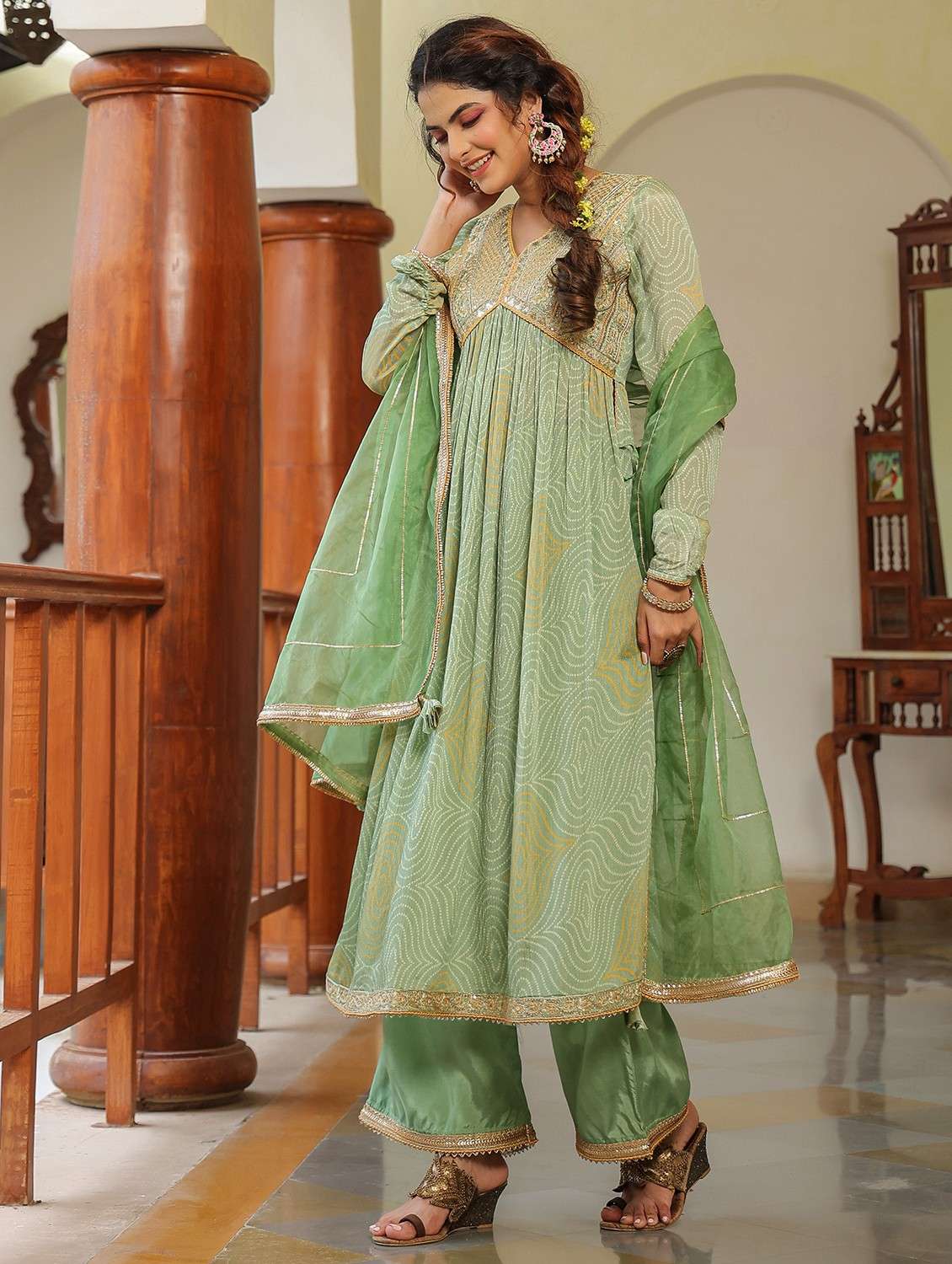 green chiffon kurta pant  set