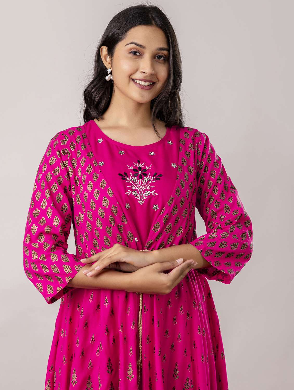 women printed three quarter sleeve ethnic dress - 22071554 - Standard Image - 1