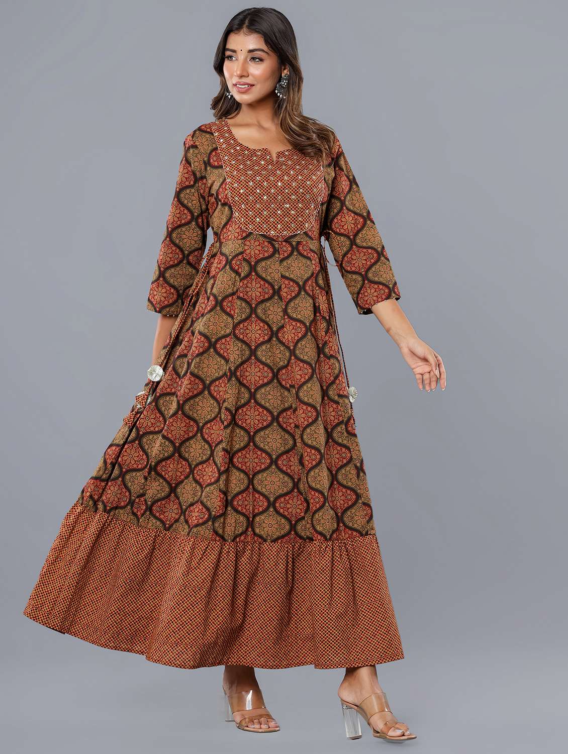 women printed three quarter sleeve tiered ethnic dress - 22071555 - Standard Image - 1