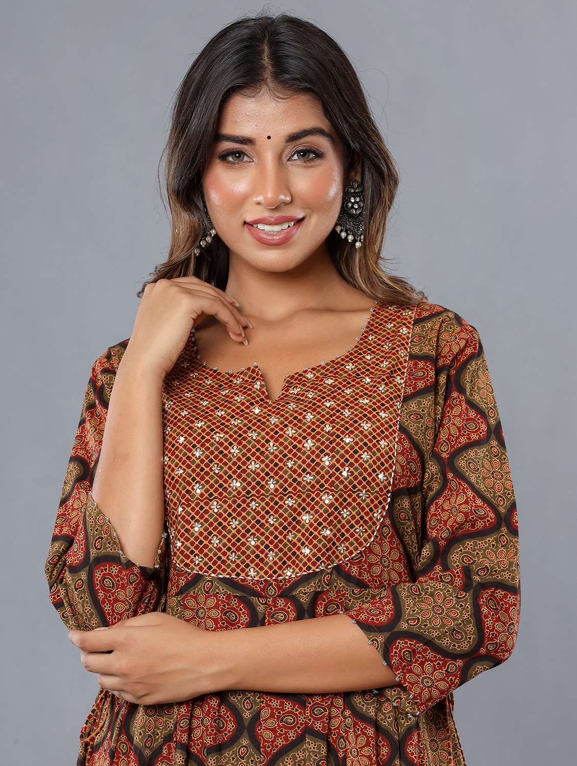 women printed three quarter sleeve tiered ethnic dress - 22071555 - Standard Image - 4