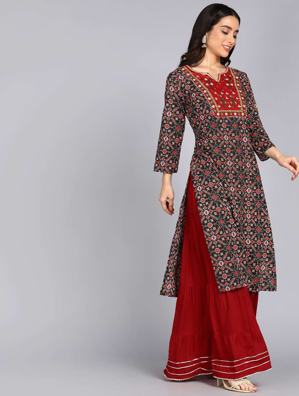 women printed three quarter sleeve straight kurta - 22071556 - Standard Image - 1