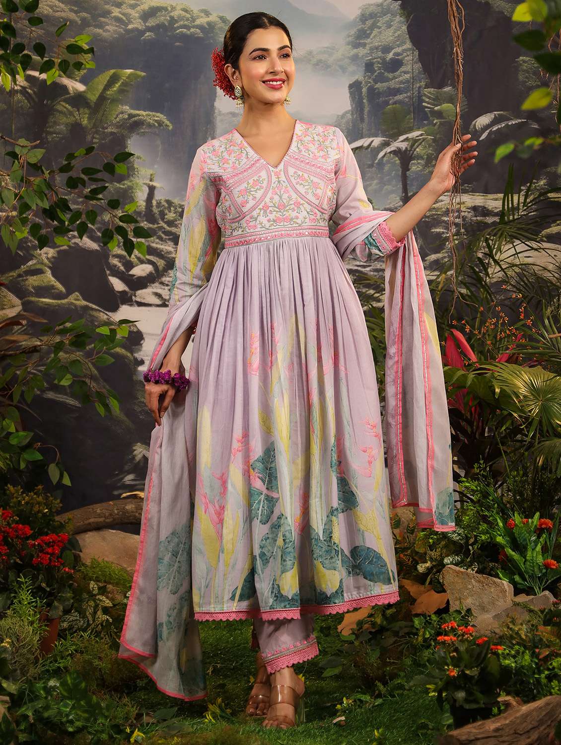 women long sleeve anarkali kurta pant with dupatta set - 22071563 - Standard Image - 1