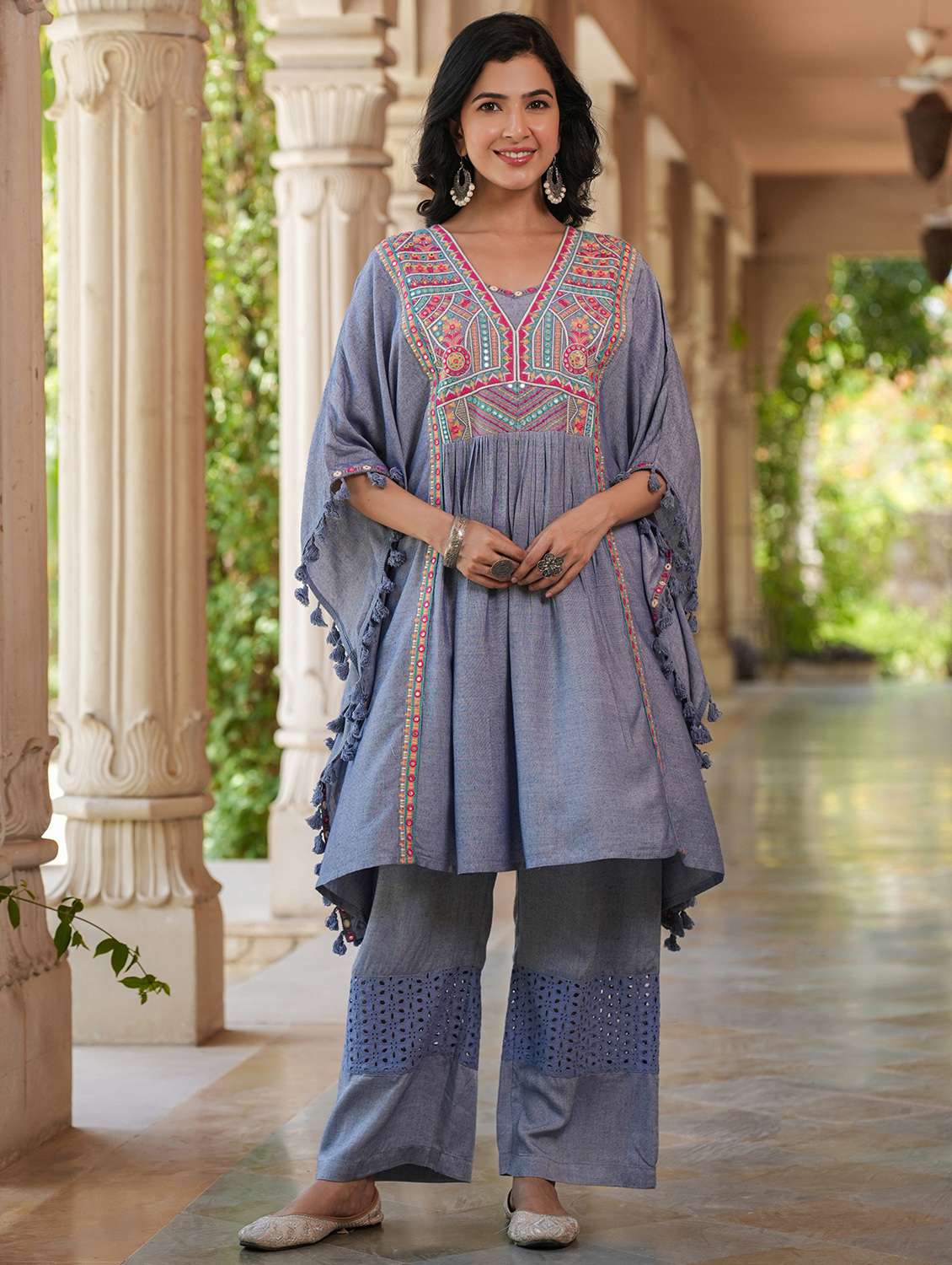 women embroidered kaftan and palazzo set