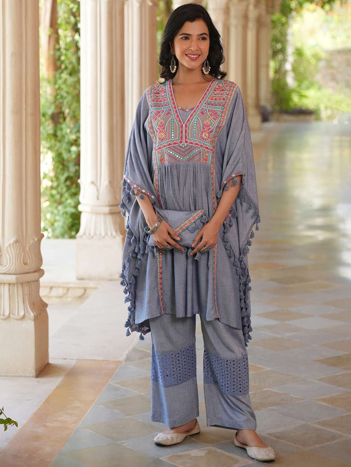 women embroidered kaftan and palazzo set - 22071565 - Standard Image - 1