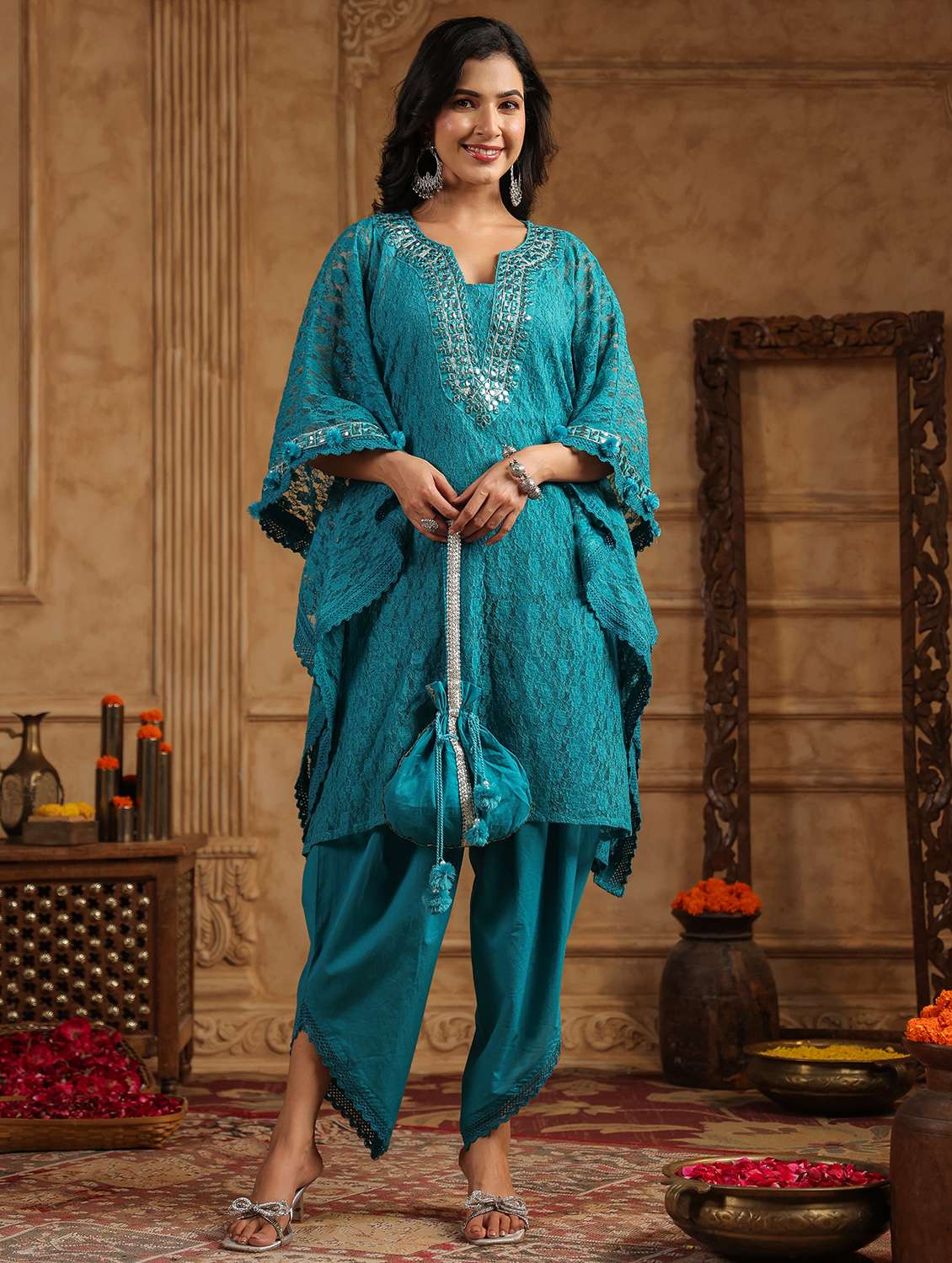 women embroidered kaftan and dhoti set