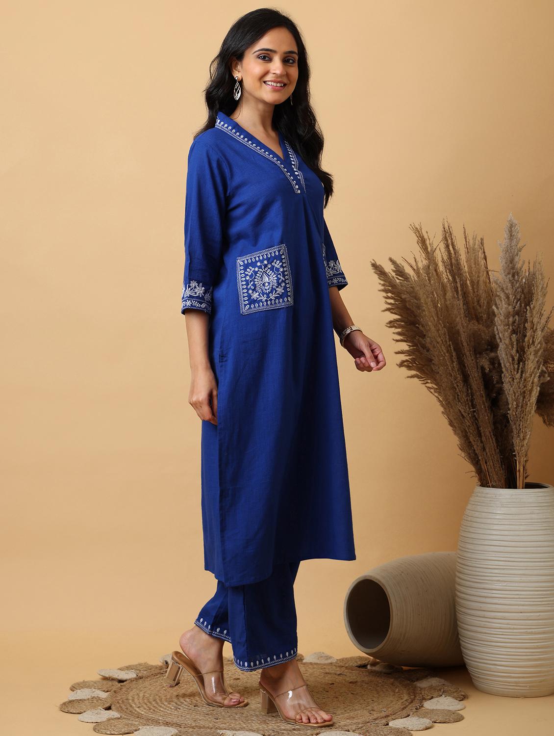 women solid with work v neck kurta palazzo set - 22071575 - Standard Image - 1