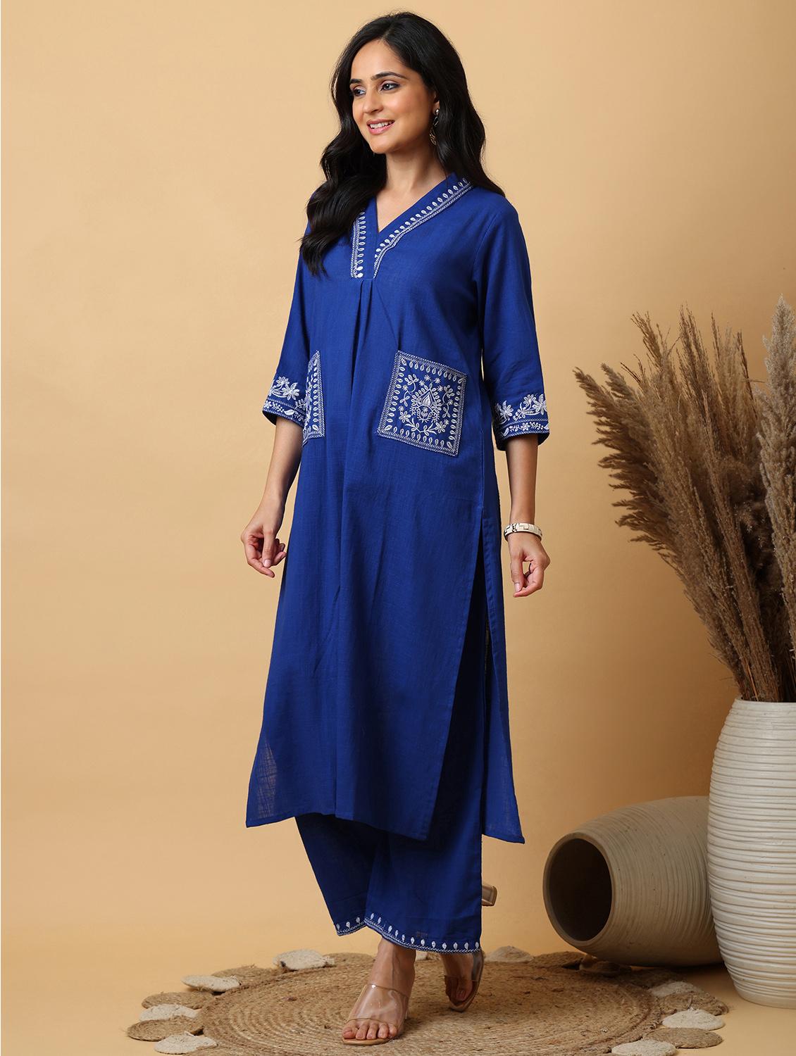 women solid with work v neck kurta palazzo set - 22071575 - Standard Image - 4