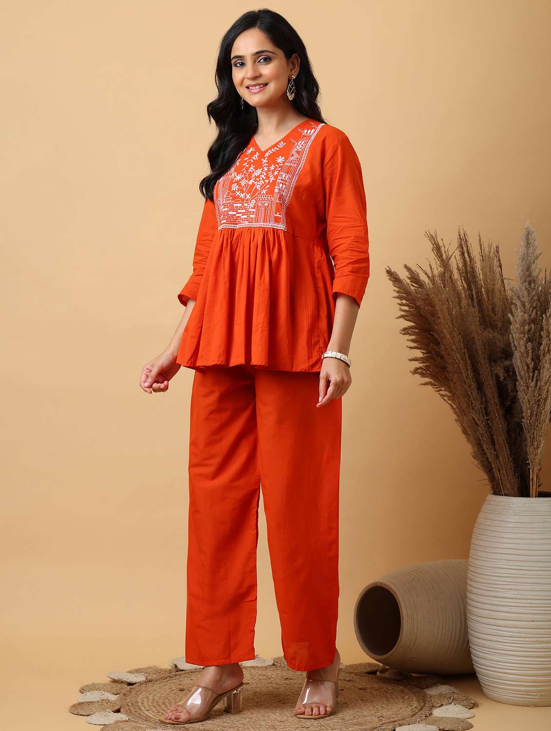 women embroidered three quarter sleeve ethnic co-ord set - 22071576 -  Standard Image - 1