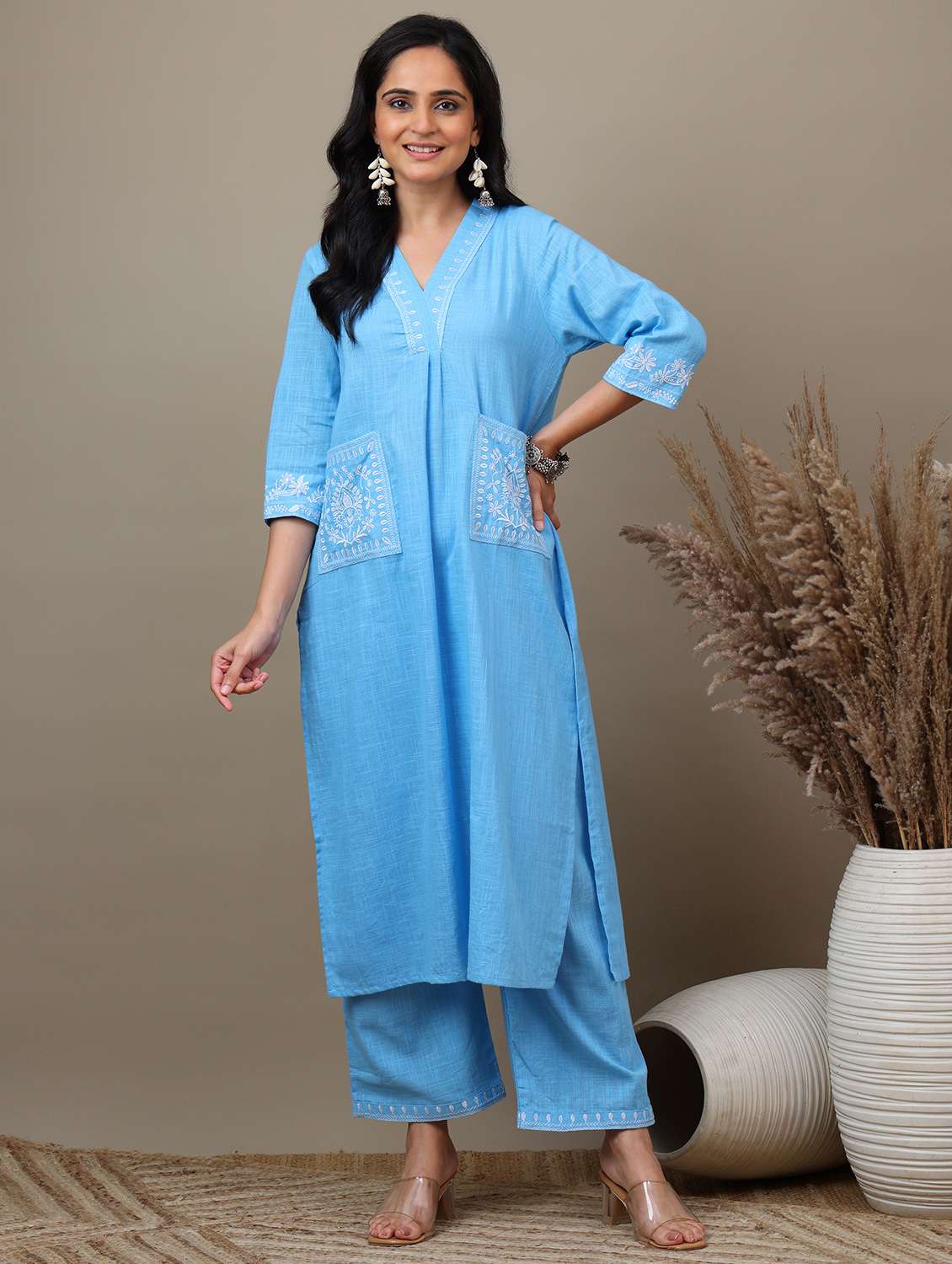women solid with work v neck kurta palazzo set - 22071577 -  Standard Image - 1