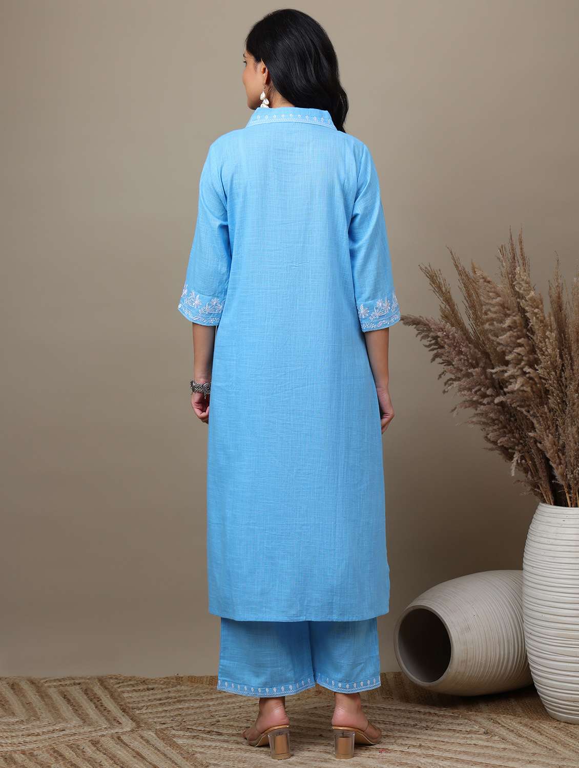 women solid with work v neck kurta palazzo set - 22071577 - Standard Image - 4