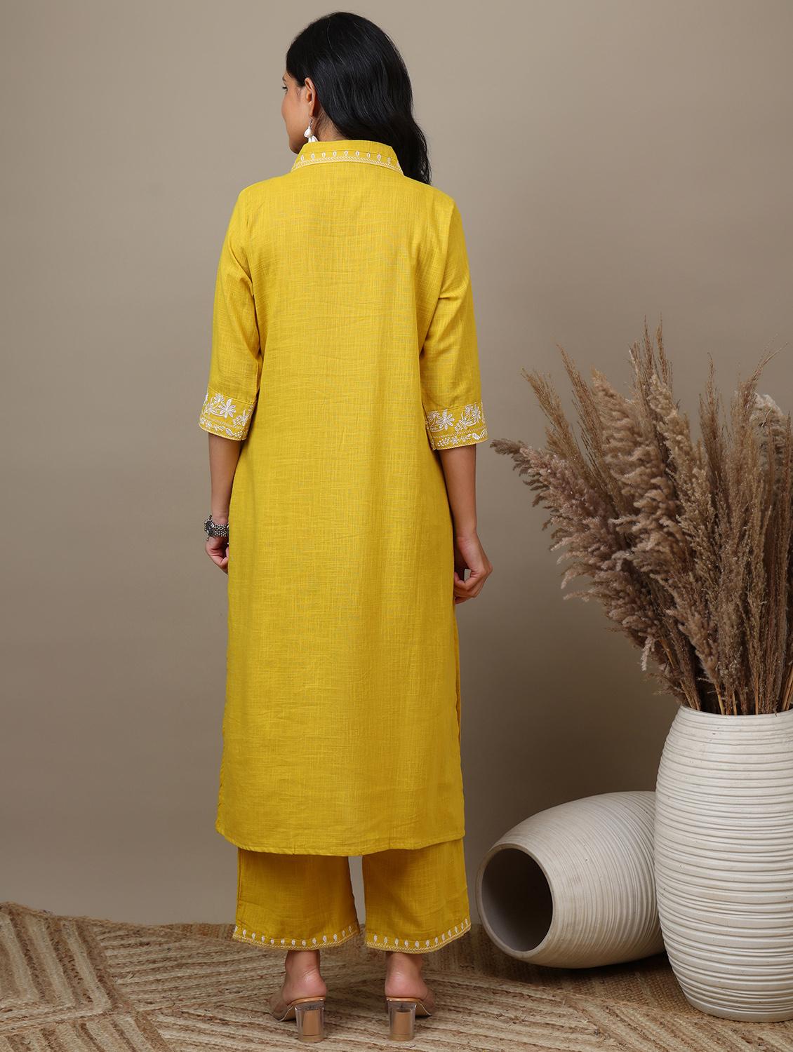 women solid with work v neck kurta pant set - 22071578 - Standard Image - 4